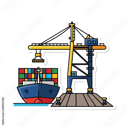 A cargo ship loaded with colorful containers near a large crane