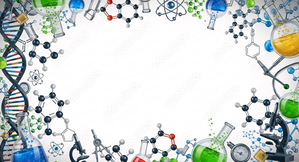 Obraz premium Scientific laboratory equipment border illustration with DNA molecule and various molecular structures