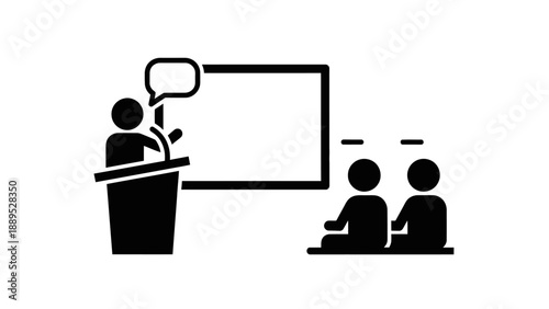 Speaker presenting information to an audience at a conference.