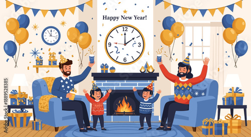 Joyful Family Celebrating New Year's Eve at Home, with Festive Decorations and Heartwarming