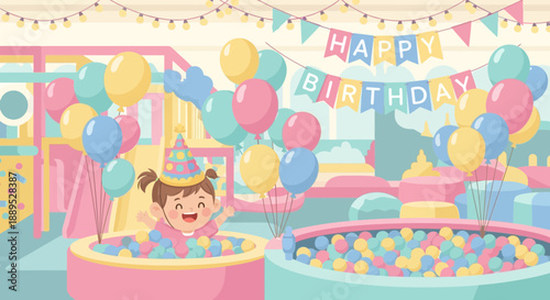 Joyful Toddler Celebrating Birthday Party in Ball Pit with Balloons and Decorations, Fun Childhood