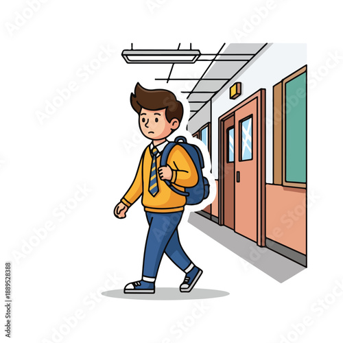 A cartoon boy walks down a school hallway
