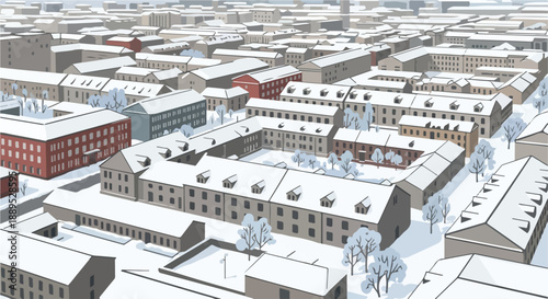 Conceptual aerial illustration of a snow-covered winter city district, featuring diverse residential buildings, interconnected courtyards, and frosty trees
