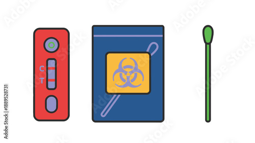 A graphic illustration of a COVID-19 rapid test kit and swab on a white background