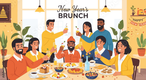 Diverse Group Celebrating New Year's Brunch with Toast, Pancakes, and Happy Confetti in a Cozy