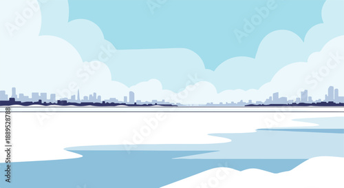A panoramic minimalist illustration of a cityscape on the horizon beyond a vast expanse of frozen water under a cloudy sky, evoking a sense of winter tranquility and urban expanse