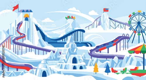 Winter amusement park with roller coasters, water slides, and Ferris wheel, creating a snowy wonderland for thrilling rides and family fun in a cartoon style
