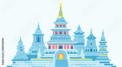 Elegant vector illustration depicting a majestic, tiered Eastern temple or pagoda, rendered in serene icy blue and white tones, evoking a tranquil fantasy palace or a sacred architectural marvel