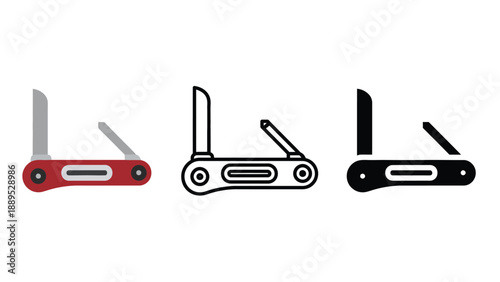 Three pocket knives in red, black and white on a plain background