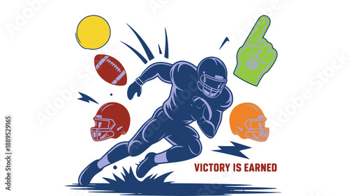 Dynamic illustration of a football player in action, celebrating victory with iconic fan symbols.