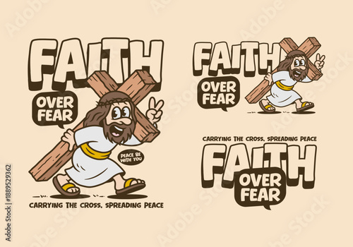 Cartoon Jesus with Cross and Faith Over Fear Text