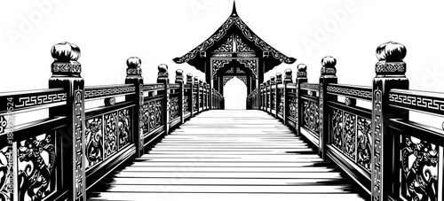 Traditional asian wooden bridge with decorative pavilion silhouette