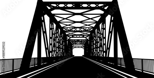 Symmetrical perspective view through an industrial metal truss bridge tunnel