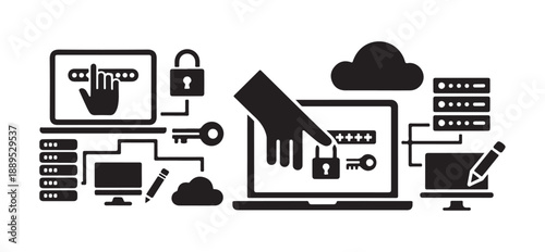Cyber security login access data protection hacking password keys cloud servers computers