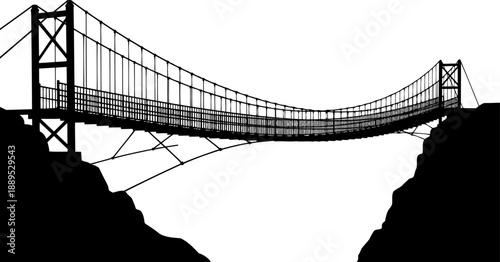 Suspension bridge silhouette spanning between mountain peaks