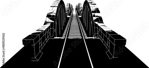 Stone railway bridge perspective with tracks and arches