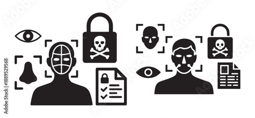 Biometric facial recognition security lock skull danger document authentication privacy