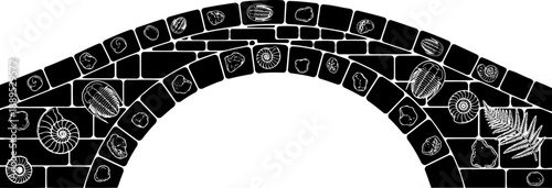 Stone arch bridge silhouette featuring prehistoric fossil patterns
