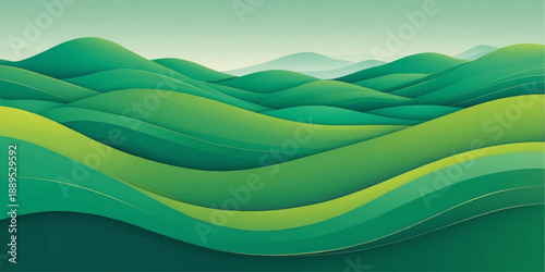 Abstract green landscape illustration featuring flowing waves and rolling hills under a bright summer sky with artistic curves and nature patterns for a modern backdrop