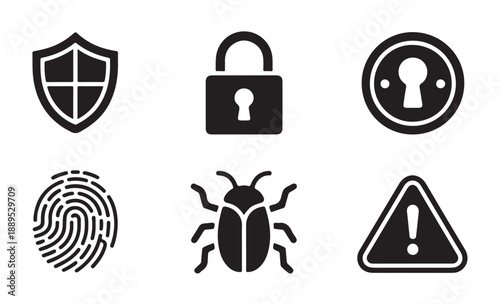 Set of security icons with shield lock fingerprint bug keyhole and warning sign
