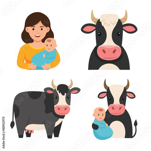 A cartoon images of a woman holding a baby and cows