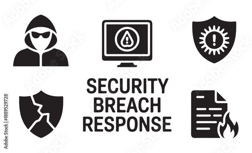 Security breach response concept with hacker alert icons and cracked shield