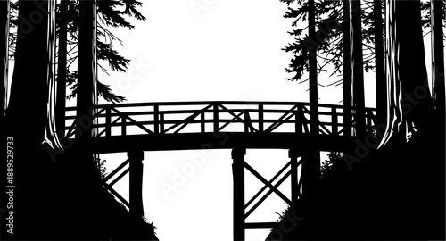 Simple wooden footbridge silhouette nestled between tall pine trees
