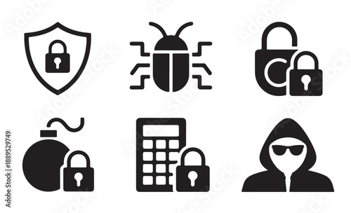 Cyber attack security icons with shield lock bug bomb calculator and hacker