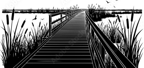 Silhouette of a wooden walkway through a marsh with reeds and birds