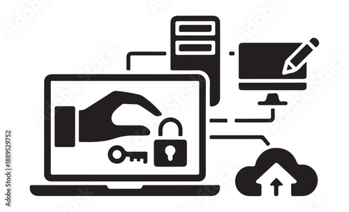 Cyber security illustration showing hand unlocking computer server and cloud storage