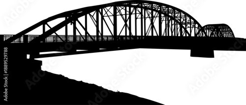 Side view silhouette of a long arched bridge spanning a river