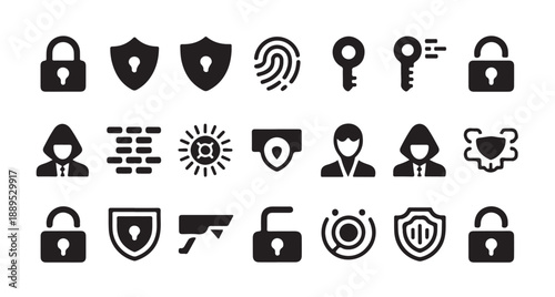 Data protection and cyber crime black icons set, internet security and privacy symbols