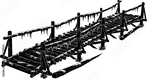 Primitive log bridge silhouette with natural branch handrails