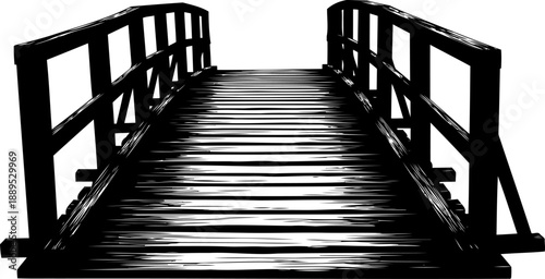 Perspective view of wooden boardwalk bridge silhouette