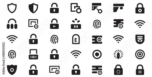 Assortment of icons for data security, access control, and digital privacy measures