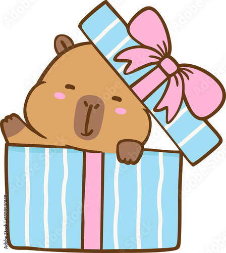 Cute Kawaii Valentine Capybra Inside Gift Box Cartoon Hand Drawn Illustration
