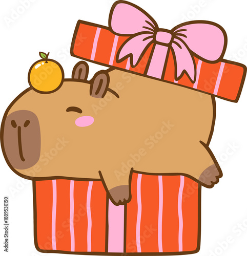 Cute Kawaii Valentine Capybra Inside Gift Box Cartoon Hand Drawn Illustration