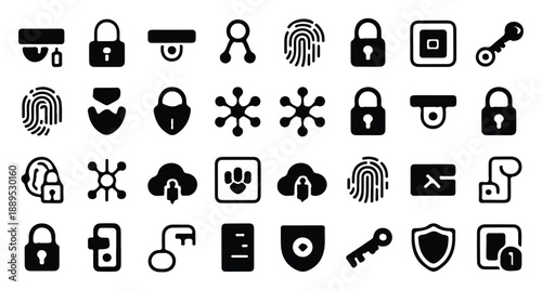 Security and surveillance icons set with biometric identification locks keys and shields
