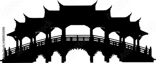 Ornate asian roofed bridge silhouette with multiple tiers