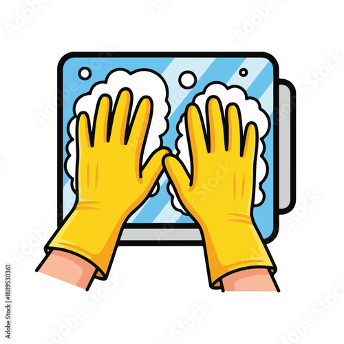 A cartoon illustration of hands in yellow gloves cleaning a surface