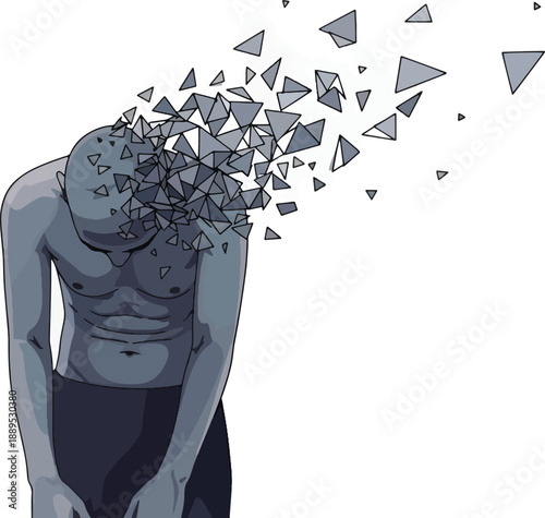 Depressed figure whose head fragments into gray triangular shapes