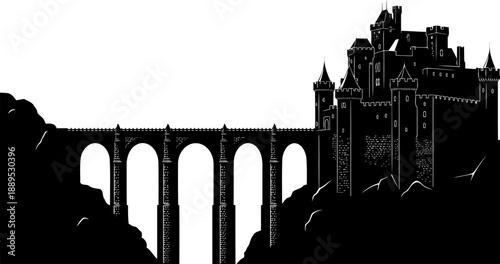 Medieval castle fortress silhouette with high stone arch bridge entrance
