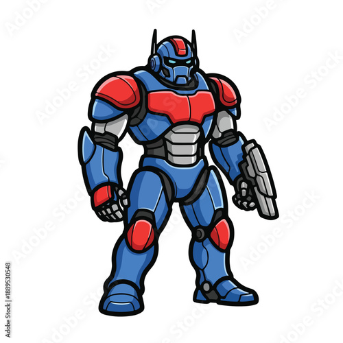 A cartoon robot with blue and red armor