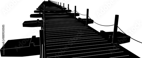 Long wooden floating pontoon bridge perspective silhouette