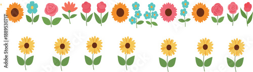 Cute Flat Flower Collection with Sunflowers and Colorful Floral Elements for Spring and Garden Design