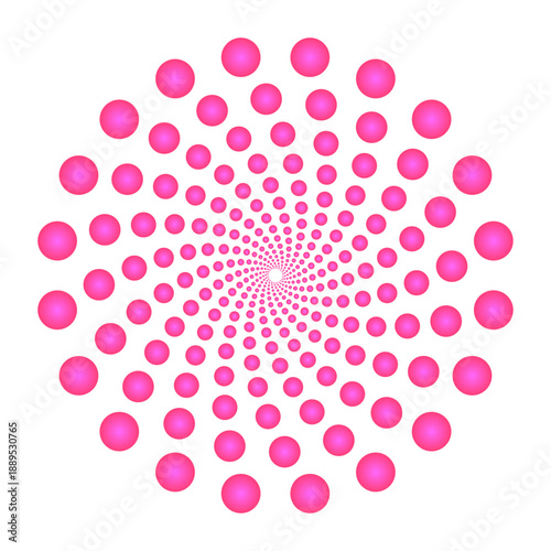 Vibrant pink dots radiating from center in a spiral pattern A mesmerizing spiral pattern of varying sized pink dots radiating outward from a central point on a white background.
