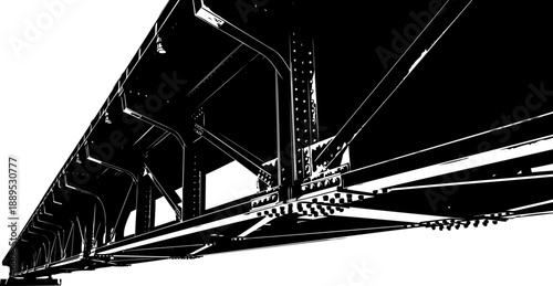 Industrial steel bridge underside silhouette showing rivets and girders