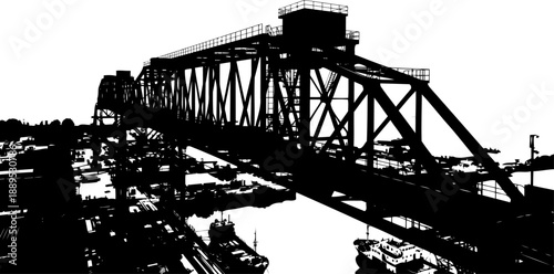 Industrial port lift bridge and harbor silhouette