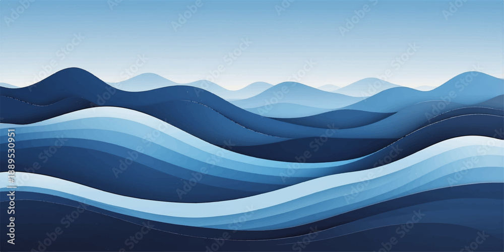 Fototapeta premium Abstract blue wave background over a misty mountain landscape at sunrise with a forest silhouette and winter clouds under a soft morning sky