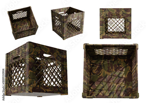 camouflage colored plastic milk crate five direction isolated vector objects and layer created by 3D modeling render. 